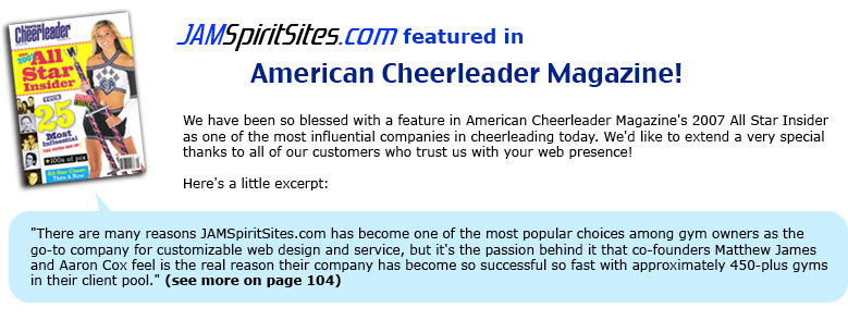 JAMSpiritSites.com featured in American Cheerleader Magazine!